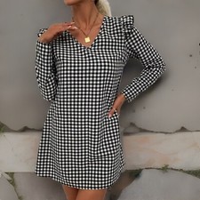 Black & White Gingham Check Ruffle Long Sleeves Mini Dress Size S 8 Holiday’s 
