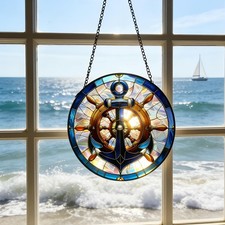 Nautical Stained Glass Anchor  Helm Suncatcher, Window/Door Decor for Coasta...