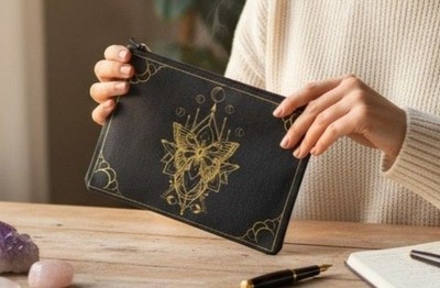 Black Canvas Zipper Pouch With Gold Moth Design