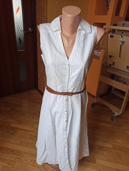 Women Monsoon Dress White Cotton 40 / L #NOJC