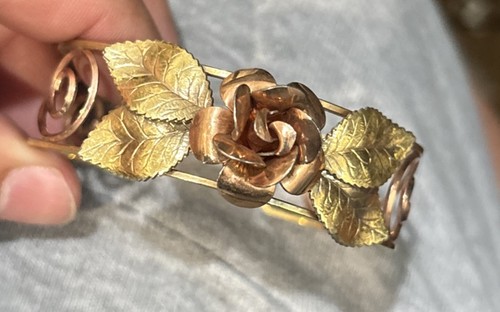 Vintage Krementz Rose Leaf Cuff Bracelet Signed Mid Century Retro Gold Tone 7” - Picture 8 of 11