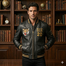 New York Rebels Varsity Jacket Men’s Black Real Leather Coat Gold Ribbed Trim