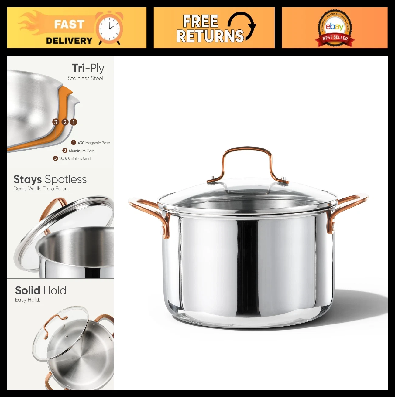 8 Qt Tri-Ply Stainless Steel Stockpot with Lid - Non-Toxic, Oven Safe, Induction
