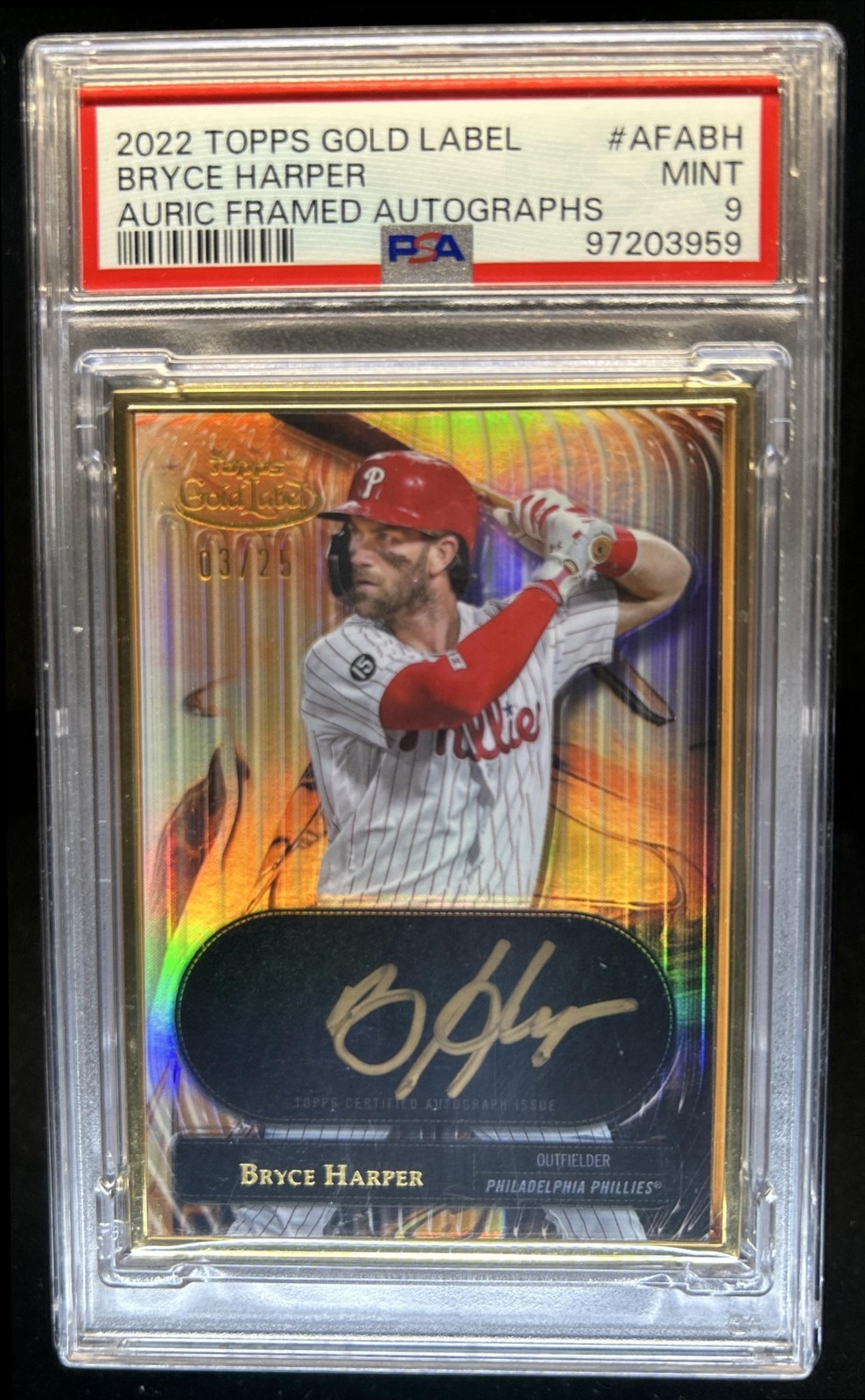 2022 Topps Gold Label Bryce Harper Auric Framed Auto #/25 Phillies PSA 9