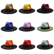 Men Women Wide Brim Wool Felt Panama Gradient Cowboy Cap Feather Jazz Hat Retro
