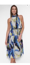 DKNY Women’s Size 10 Halter Midi Dress Blue Abstract Print Belted NWT