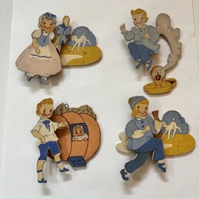 Vintage 1940’s Wooden Mother Goose Nursery Rhyme Wall Hangings Baby Room Set 4