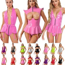 Women's Glossy Patent Leather Leotard Dress with Garters Belt Teddies Clubwear