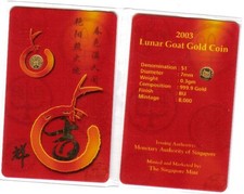 SINGAPORE 2003 Year of the Goat 1 Dollar Gold Coin vintage 8000 in blister