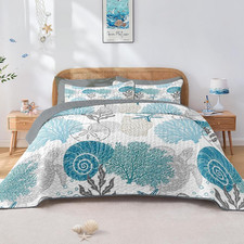 Queen Quilt Set, 3 Pieces Coastal Ocean Bedding, Bedspread