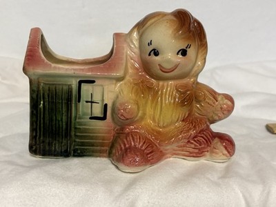 Vintage American Bisque Girl Rag Doll Ceramic Planter 5'' x 7''