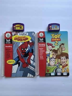 LeapPad Lot 2 Books & Cartridges 1st Grade Toy Story 2 + Spider-Man Stan Lee