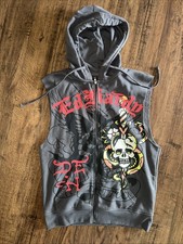 Ed Hardy Men's Full Zip Hooded Vest Sleeveless Raw Edge Skull Snake Tiger Size S