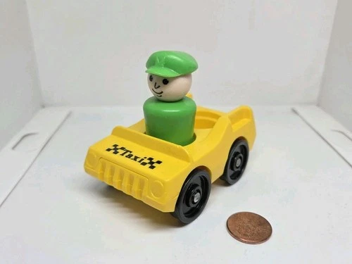 Vintage Fisher Price little people yellow TAXI cab car w/green man driver