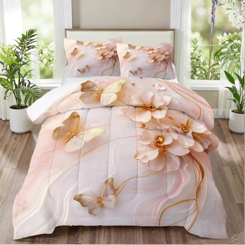 Pink Butterfly Floral Comforter Set Queen Queen(90" x 90") Pink Butterfly Lx074 - Picture 1 of 7
