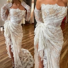 Sheath 3D Flowers Strapless Wedding Dresses Lace Mermaid Ruched Lace High Low