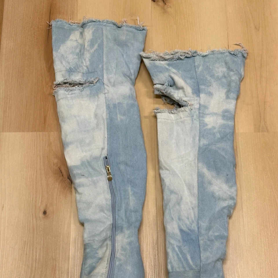 Botas femininas acima do joelho 8,5 biqueira alta aberta stiletto perna jeans WAGS sapatos boate  - Imagem 3 de 4