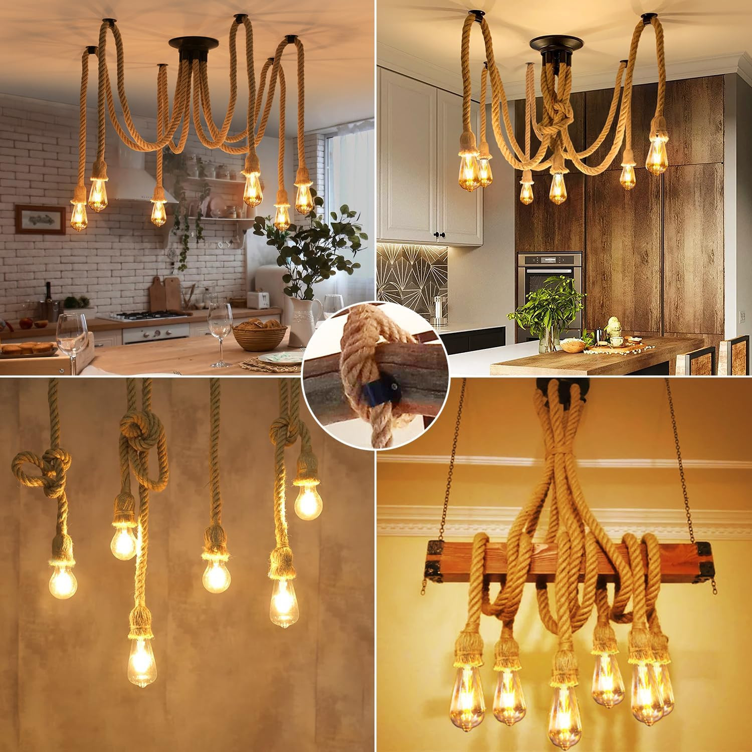 Lampadario Corda Canapa Vintage 6 Luci E27 - Lampada Sospensione Retro - 2