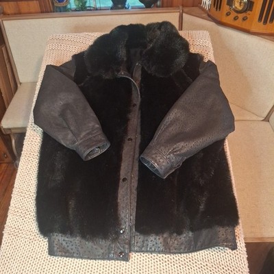 Vintage 80s D'Esprit Dubrowsky Perlbinder Fur Black Leather Bomber Jacket READ