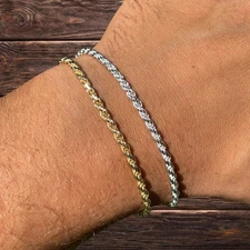 3mm Diamond Cut Rope Bracelet - Solid 925 Sterling Silver Or 14k Gold Vermeil