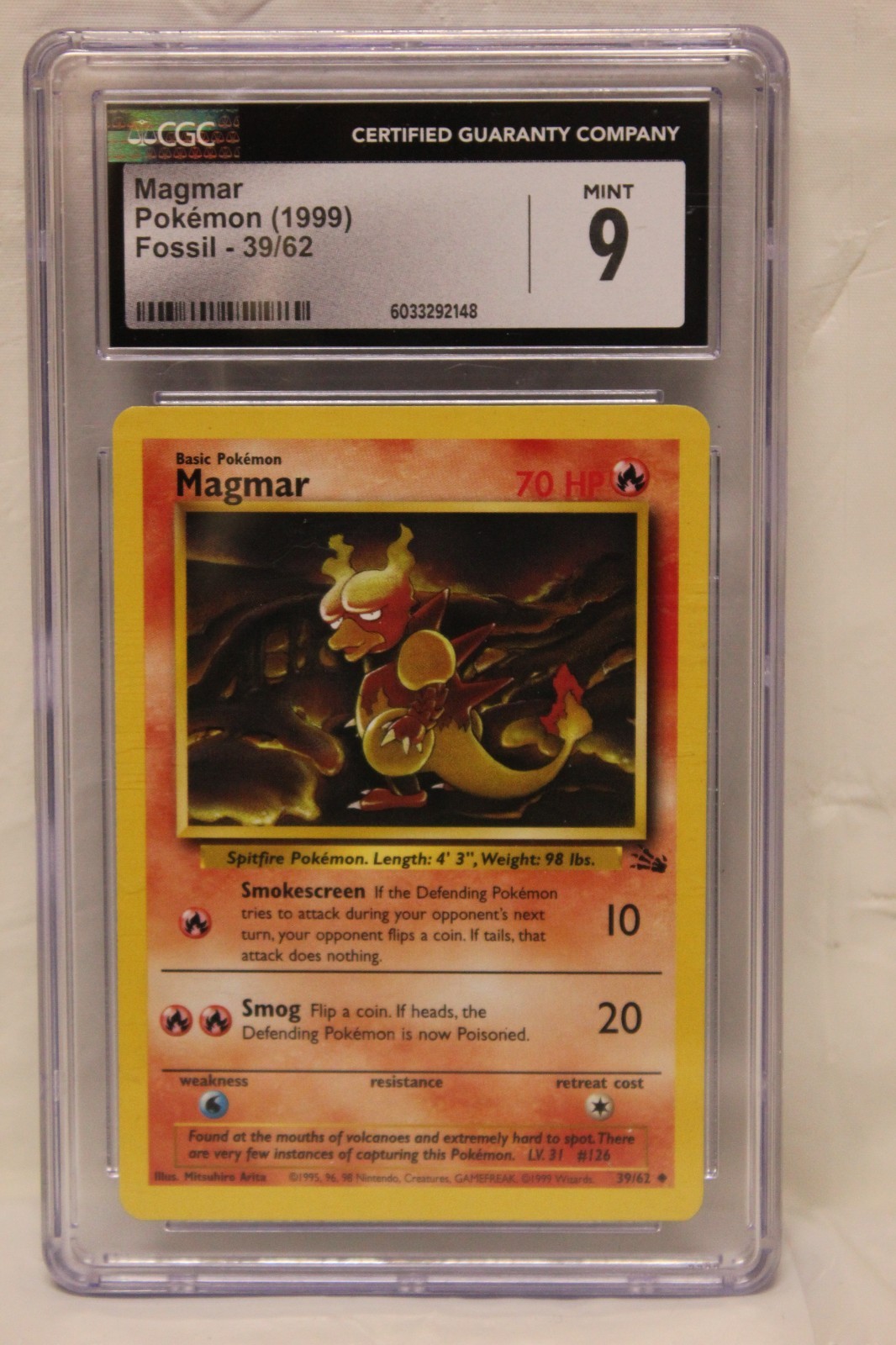 CGC 9 MINT Magmar 1999 Fossil 39/62 Pokemon Card F4B8