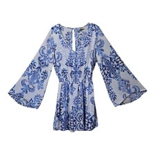 SHOW ME YOUR MUMU Women's M Runaway Mini Dress Blue White Long Bell Sleeve Lined