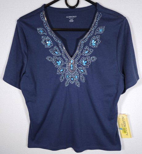 Allison Daley Women's Navy Blue Stone Embroidered Short Sleeve Blouse Size PM