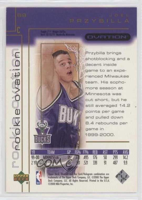 2000-01 Upper Deck Ovation Rookie Ovation /2000 Joel Przybilla #69 Rookie RC - Image 2 of 2