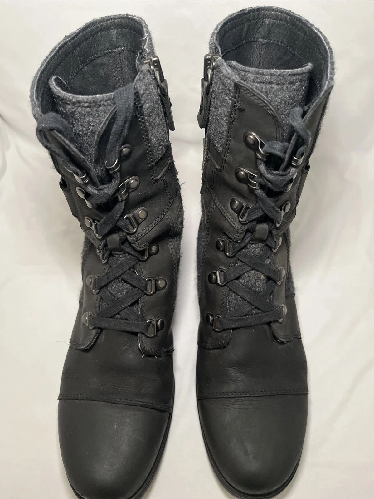 sorel major carly leather gray wool zip lace up boots