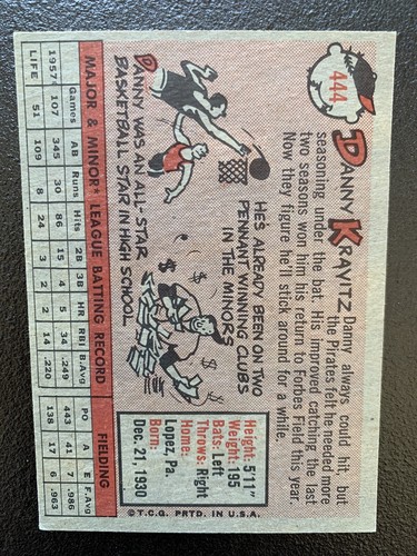 Tarjeta de béisbol 1958 Topps Danny Kravitz #444 Pittsburgh Pirates - Imagen 3 de 3