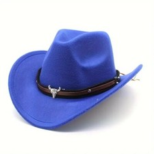 Blue Western Cowboy Hat   Cowboy Cowgirl Rodeo Style with Bull Skull Accent