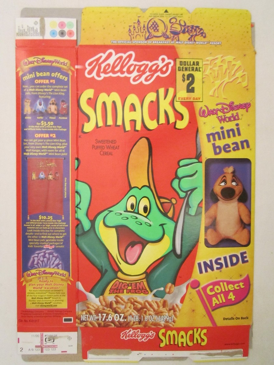 Kelloggs Cereal Box 2000 SMACKS 17.6 oz Lion King mini beans offer