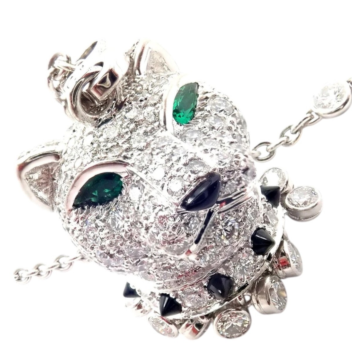 Authentic! Cartier Panther 18k White Gold Diamond Emerald Onyx