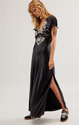 Free People Cooper Maxi Dress Embroidery Floral Embellish Tie Sleeve Black 6 NWT
