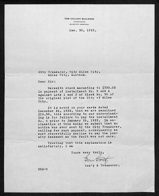 1922 ''The Colony Building'' Miles City, MT TLS Letterhead re: Installment Payment