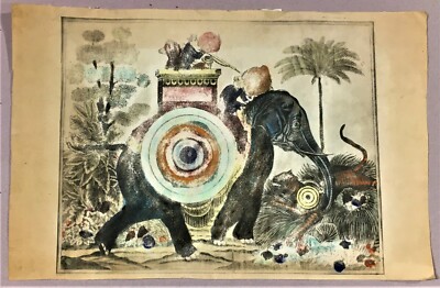vintage tinted woodcut engraving elephant tiger hunt India Burma Thailand c 1840