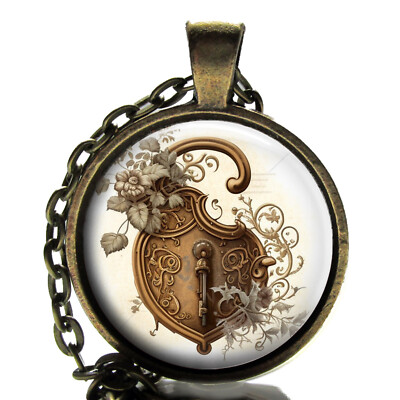 Vintage Lock Art Nouveau Pendant Necklace Glass Top Handcrafted Photo Jewelry