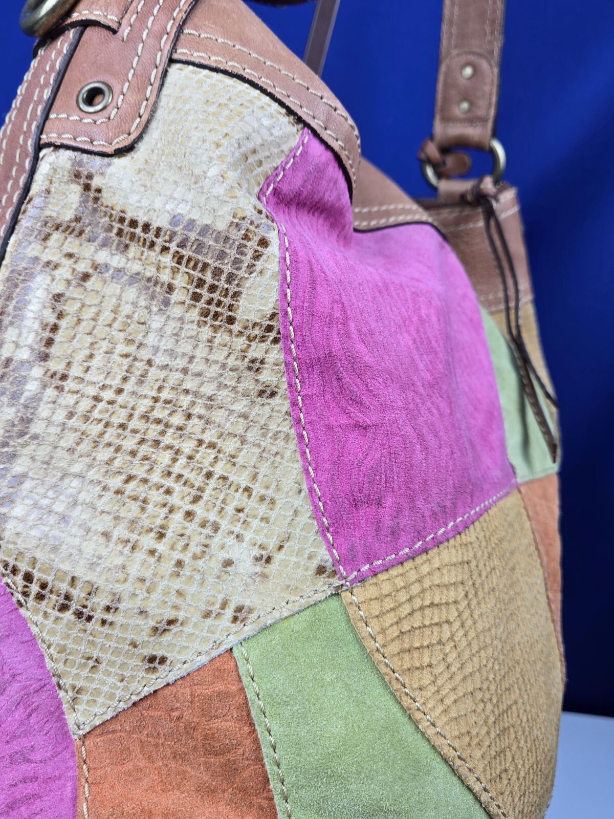 Fossil suede leather patchwork shoulder bag handb… - image 6