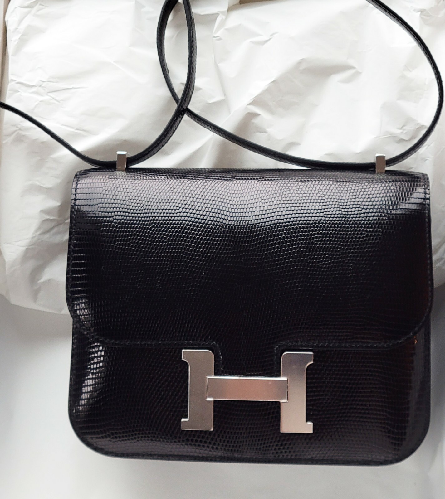 NEW Authentic HERMES Shiny BLACK LIZARD Constance Bag Mini 18cm