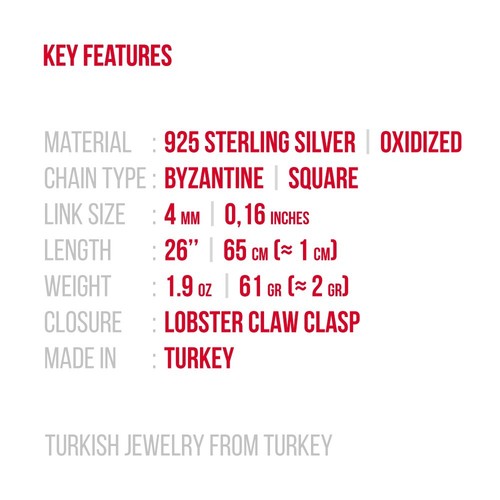 4mm 26'' 2.0oz | 925 Sterling Silver BYZANTINE NECKLACE | Oxidised Square Chain - Picture 2 of 11