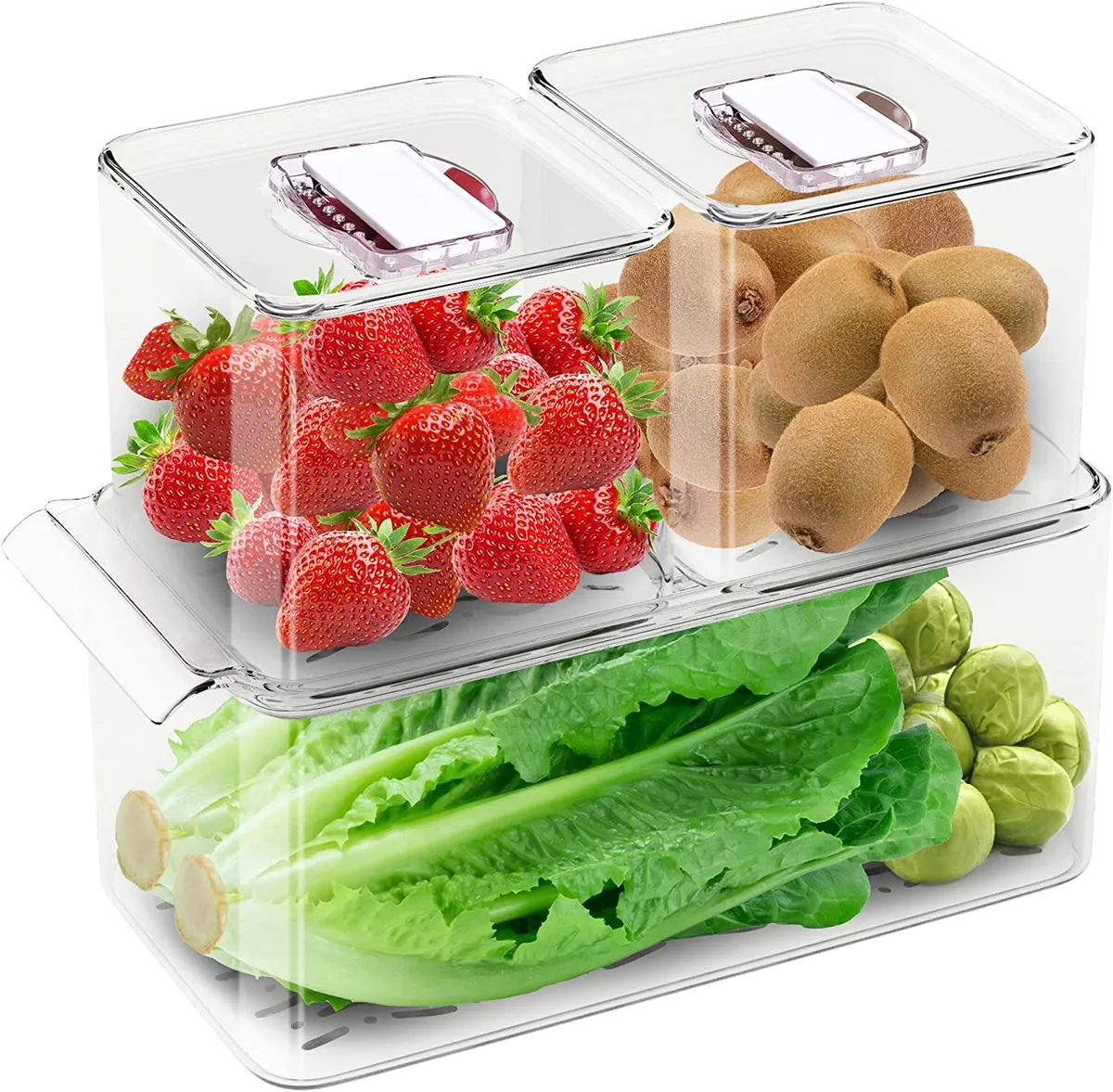 Wavelux Produce Saver Containers for Refrigerator, Food Fruit Vegetables Storage, 3 Piece Stackable Fridge Freezer Organizer, Fresh Keeper Drawer Bin