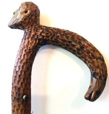 Talisman Wood Walking Cane, Rattle Snake Body w Man's Head One Single Wood Piece