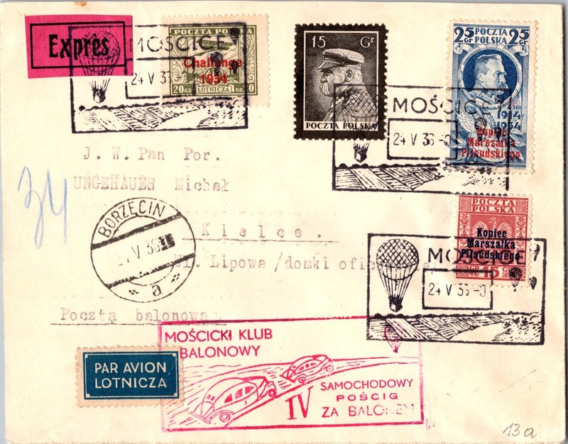 1938 Moscice Poland Ballon Flight Expres Airmail Cover to Borzecin Kielce
