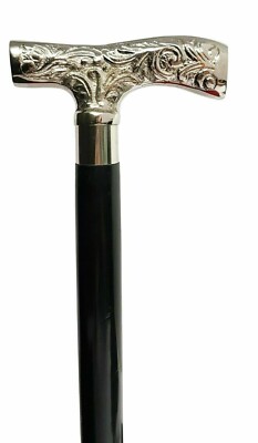 Antique Brass Silver 3 Pillar Head Handle 3 Fold Black Wooden Walking Stick Cane