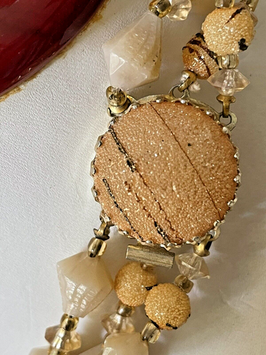 Vintage Beaded Necklace Hong Kong Gold Tone Sugared 3 Strand 20" signed Sugar - Picture 2 of 10