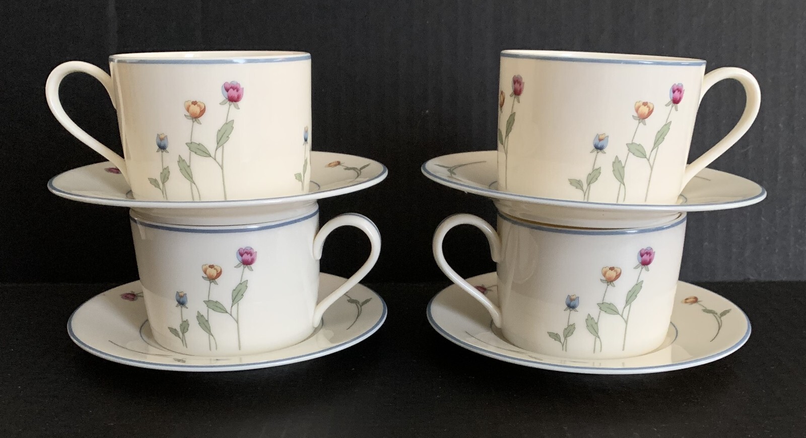Gorham COUNTRY FLOWERS Cup & Saucer Sets Floral Blue Trim Vintage Set(s) of 4