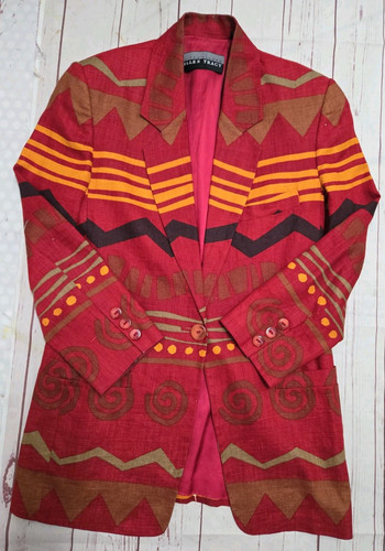 VINTAGE Red Linda Allard Ellen Tracy Brown Blazer Jacket 100% Linen Sz 6 - Picture 1 of 4