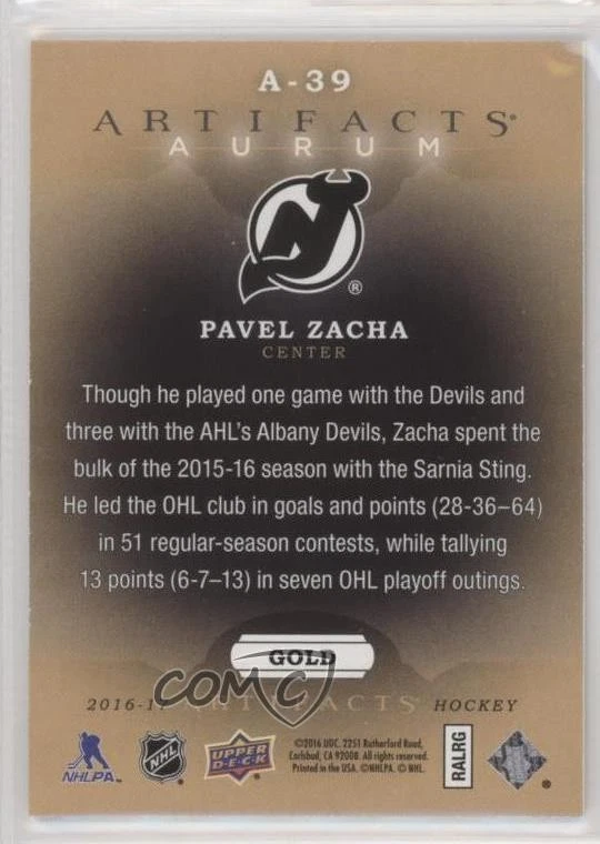 2016-17 Upper Deck Artifacts Aurum Gold Pavel Zacha #A-39 Rookie RC - Image 2 of 2