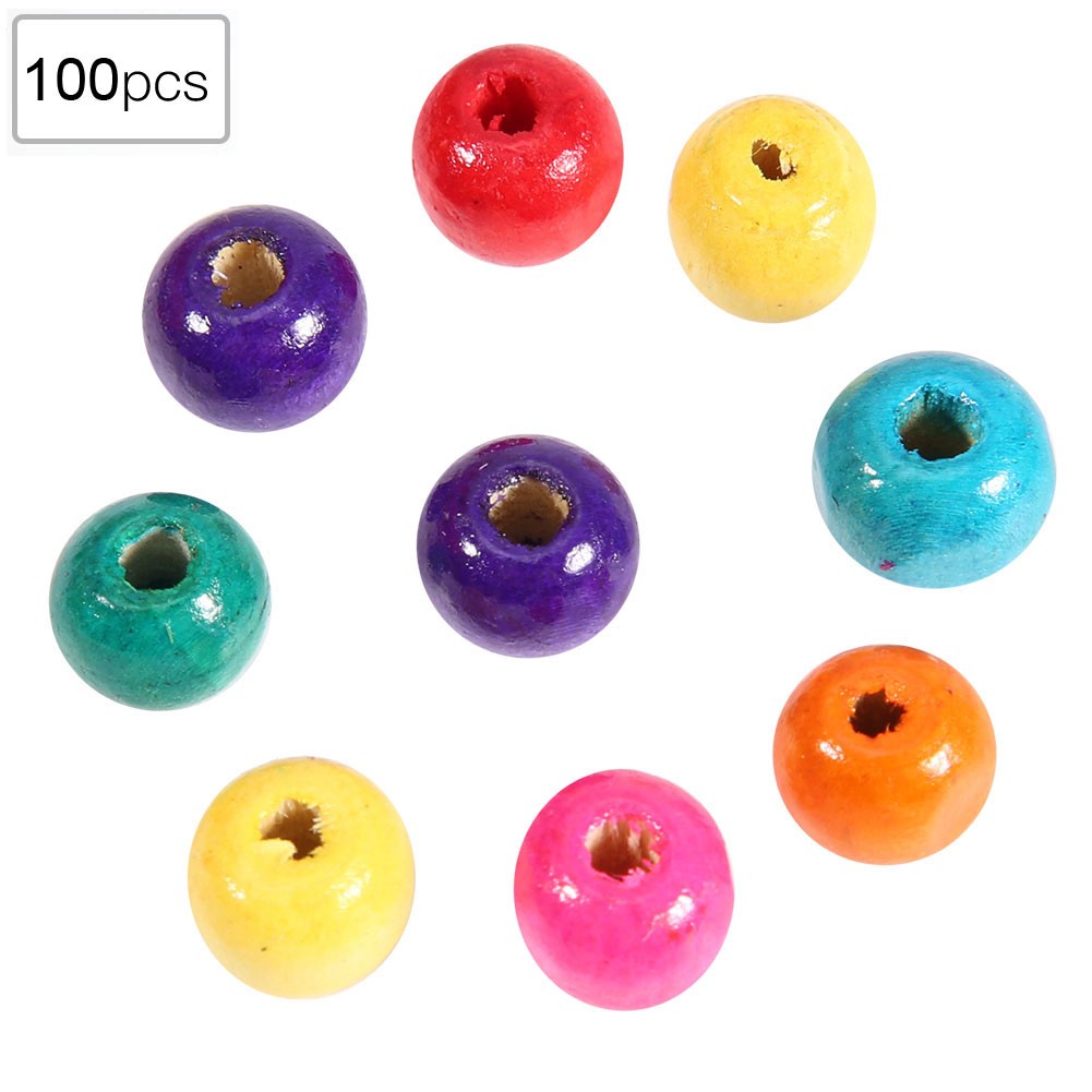 100pcs Colorful Wooden Round Beads DIY Craft Jewelry Making Easy To Use