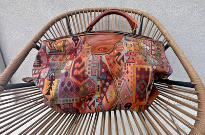 Vintage Nina Ricci KILIM Tapestry Duffle Bag Weekender Leather Travel Large